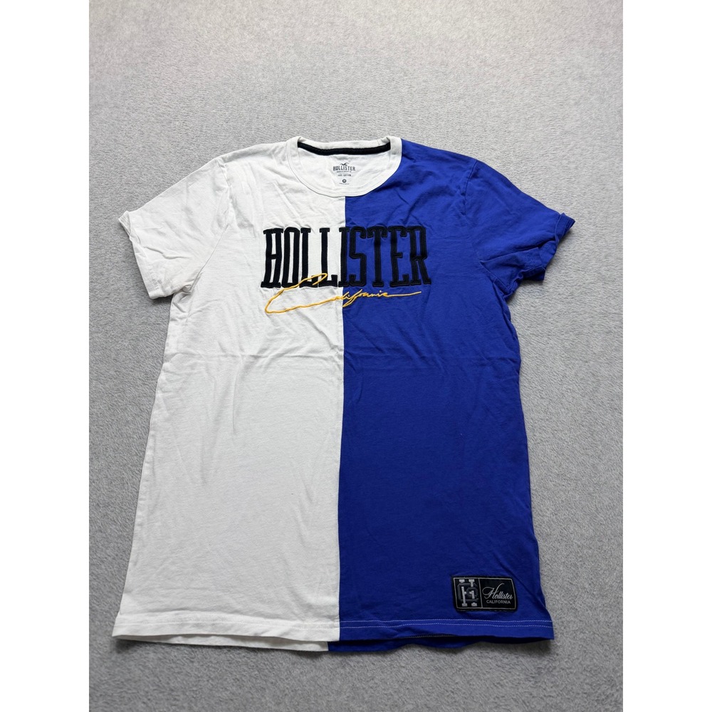 Hollister Mens Blue White Split Graphic T-Shirt Size M Short Sleeve Cotton Logo